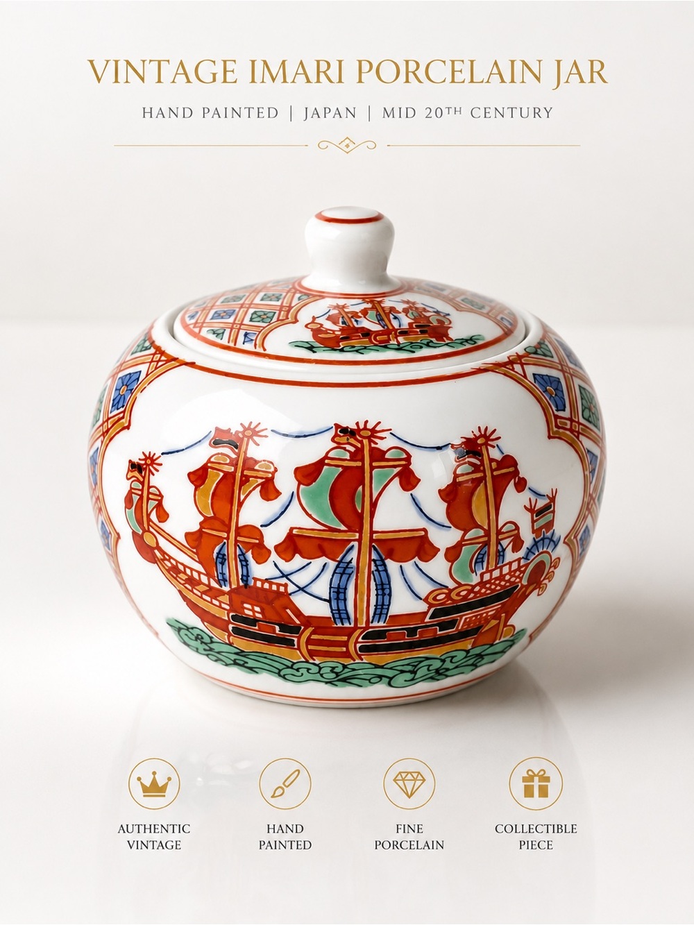 Vintage 1950 Imari Occupied Japan Porcelain Jar Ship 2.5 inch new